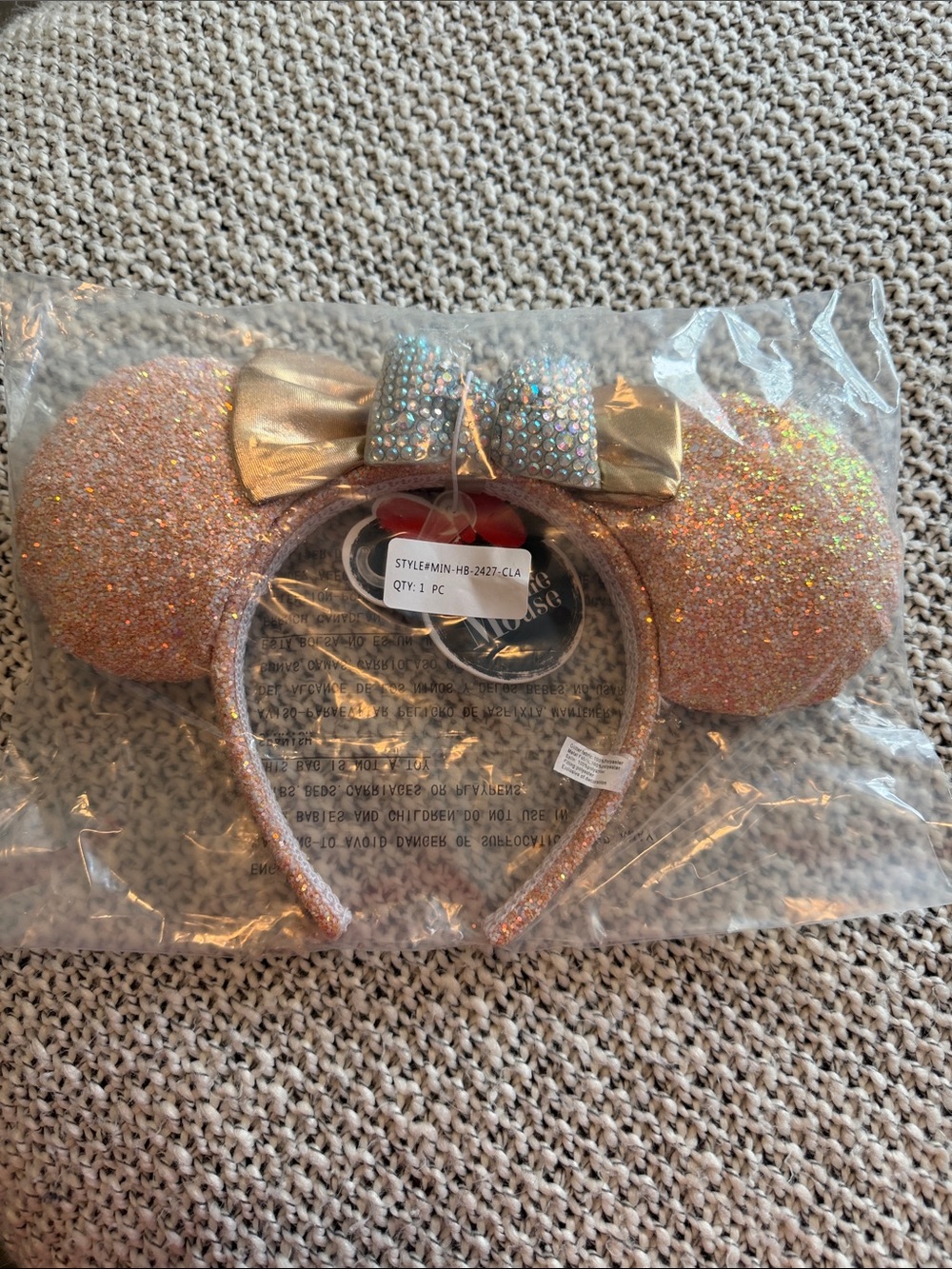 Sparkling Rose Gold  Minnie Ear Headband with Gold Bow